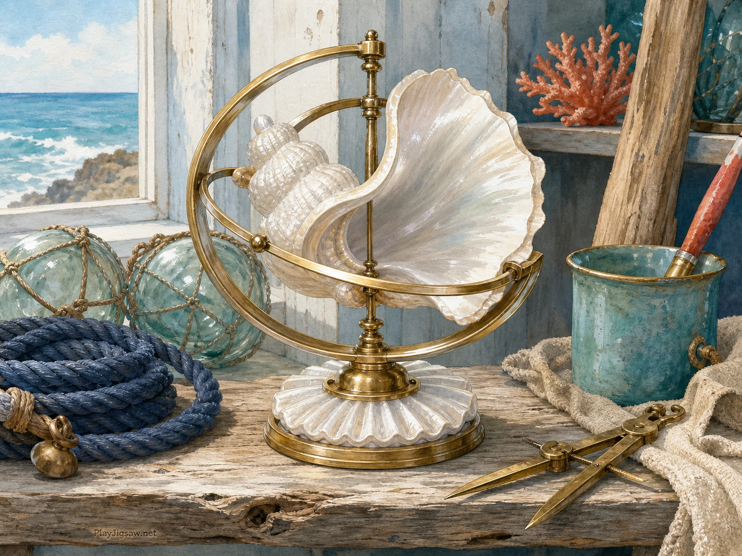 A pearl-white shell and brass tide instrument sculpture on a coastal workshop shelf with seafoam glass floats, navy rope coil, coral-handled brush, brass calipers, sand cloth, driftwood plank, and turquoise cup