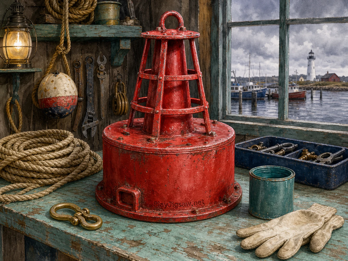 A ruby-red metal buoy on a seafoam harbor repair workbench with coiled rope, brass hook, navy tool tray, teal paint tin, ivory glove, and stormy harbor window