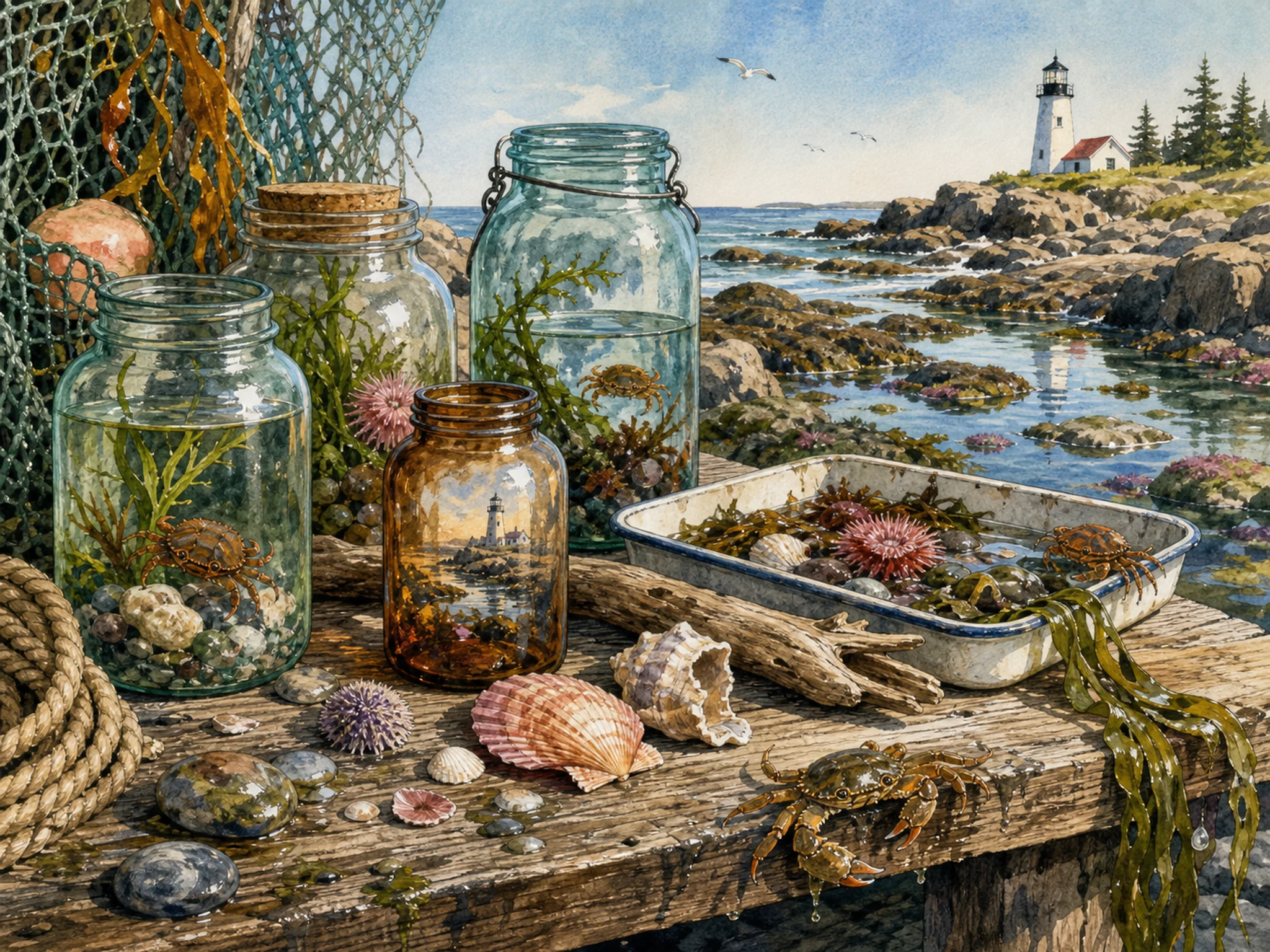 A coastal tidepool worktable with glass jars, seashells, seaweed, tiny crabs, wet stones, driftwood, rope, netting, and a lighthouse shore