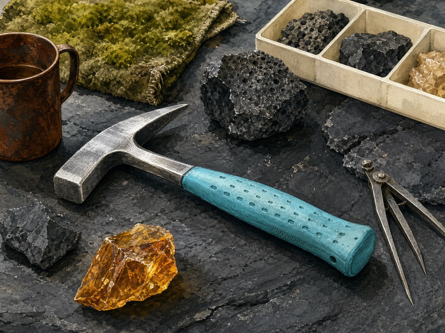 A cyan-handled rock hammer on a geology field desk with basalt gray samples, amber mineral shard, moss cloth, ivory specimen tray, rust field cup, steel divider tool, and charcoal slate surface