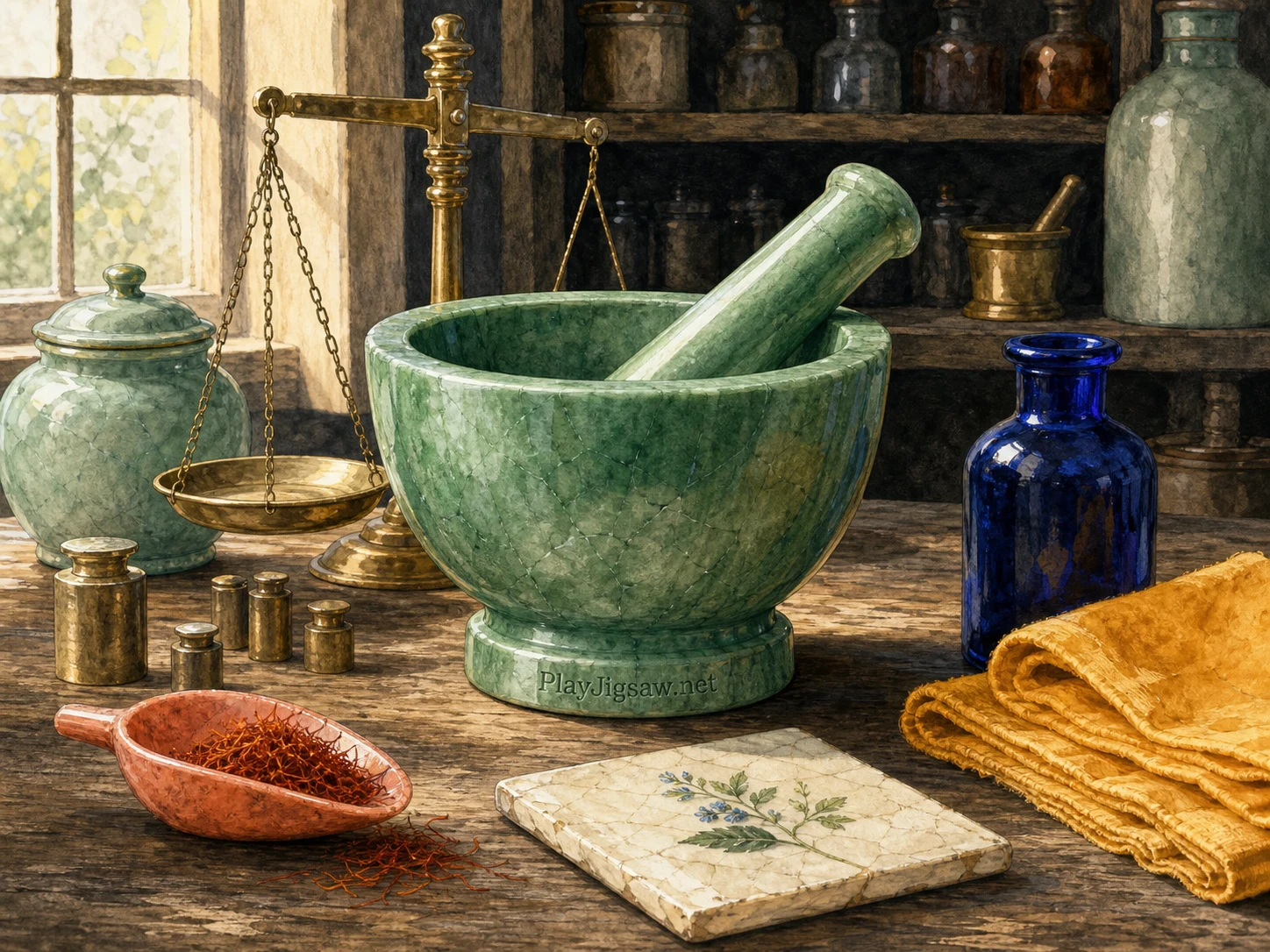 A jade ceramic mortar and pestle on an old apothecary workbench with brass scale, saffron cloth, cobalt bottle, coral scoop, ivory tile, and warm window light
