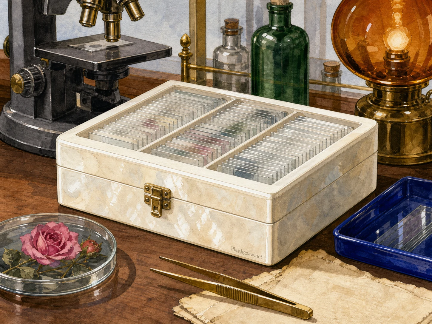 An opal-white microscope slide storage box on a tidy laboratory desk with graphite microscope arm, emerald glass bottle, amber lamp, cobalt tray, rose specimen dish, brass tweezers, and parchment notes