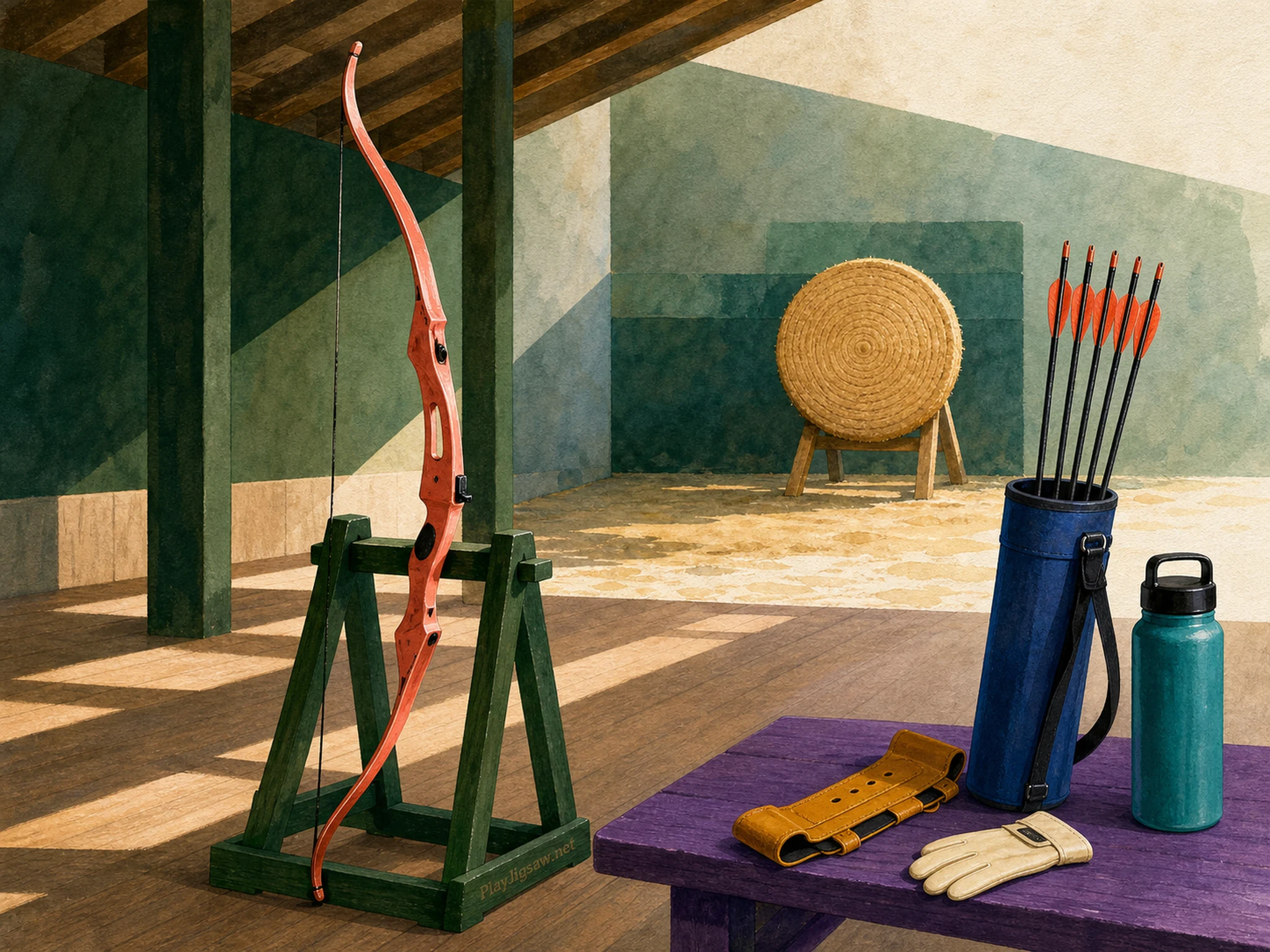 A coral recurve bow on a forest-green stand at a covered range with straw target, cobalt quiver, mustard guard, ivory glove, violet bench, and burned maker mark