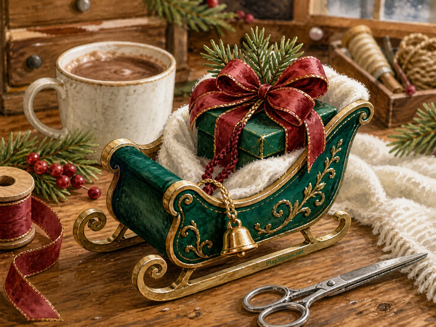 An emerald miniature gift sleigh on a quiet winter workshop table with cranberry ribbon, snow-white wool cloth, gold bell, pine sprig, cocoa mug, silver scissors, and warm wood tabletop