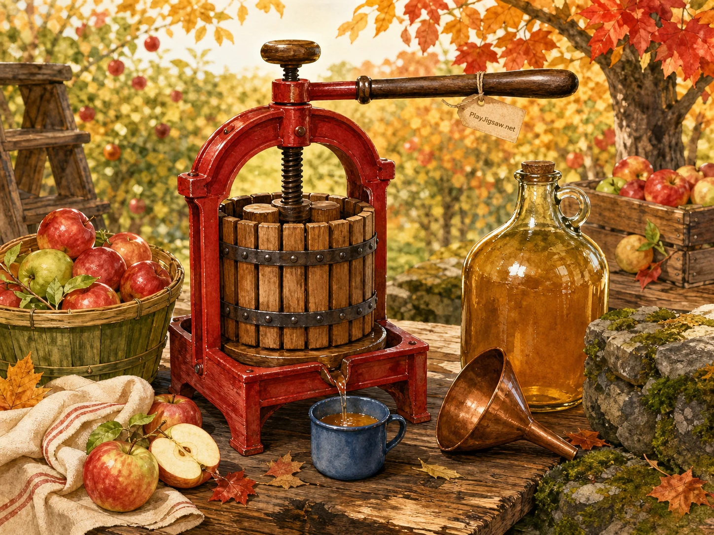 A small maple-red cider press on an autumn orchard worktable with apple basket, honey-gold jug, deep-brown crank, cream linen, slate-blue enamel cup, copper funnel, and mossy stone