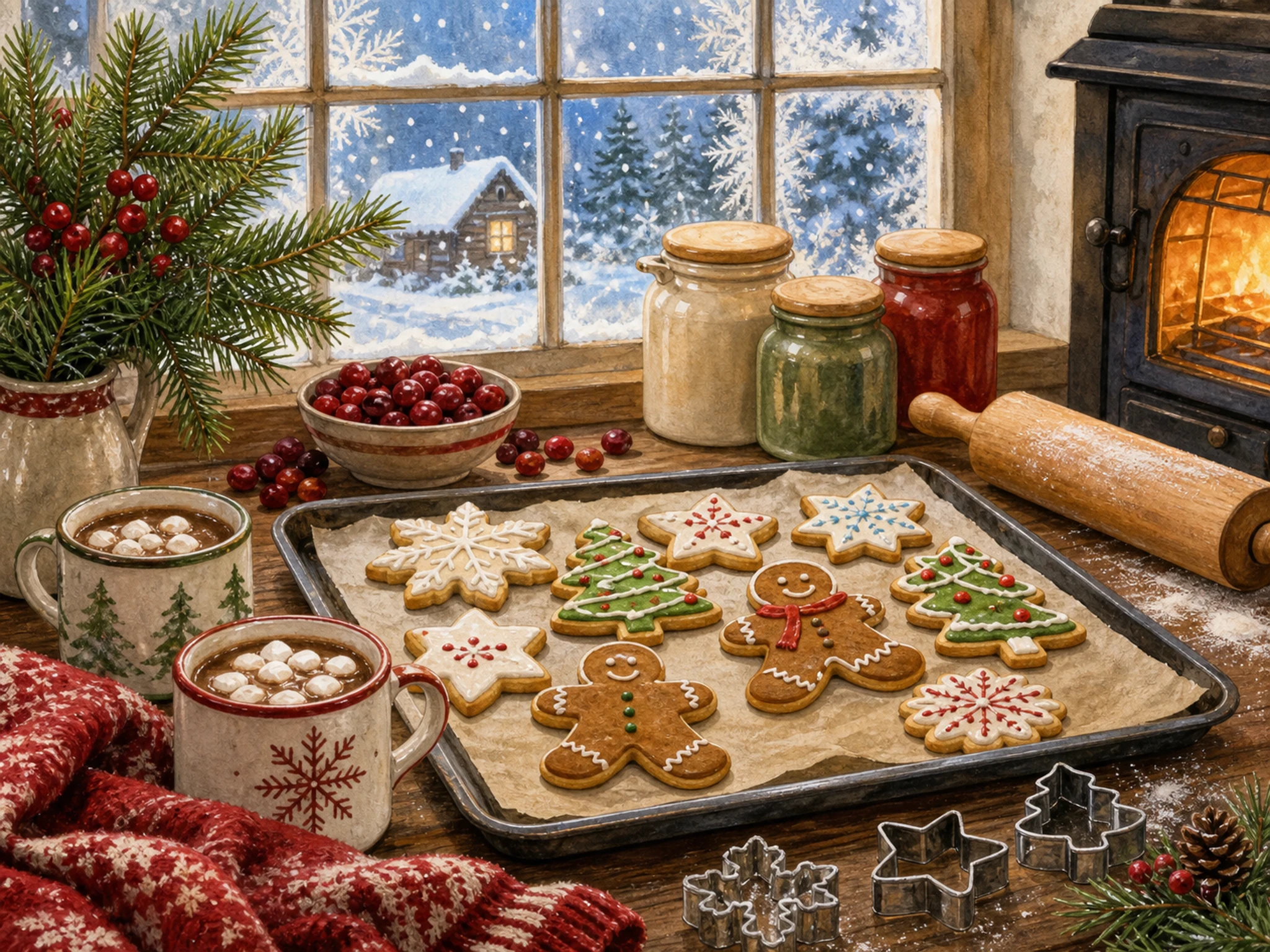 A winter kitchen window with decorated cookies cooling, mugs of cocoa, knitted cloth, pine branches, cranberries, rolling pin, cookie cutters, oven glow, and falling snow