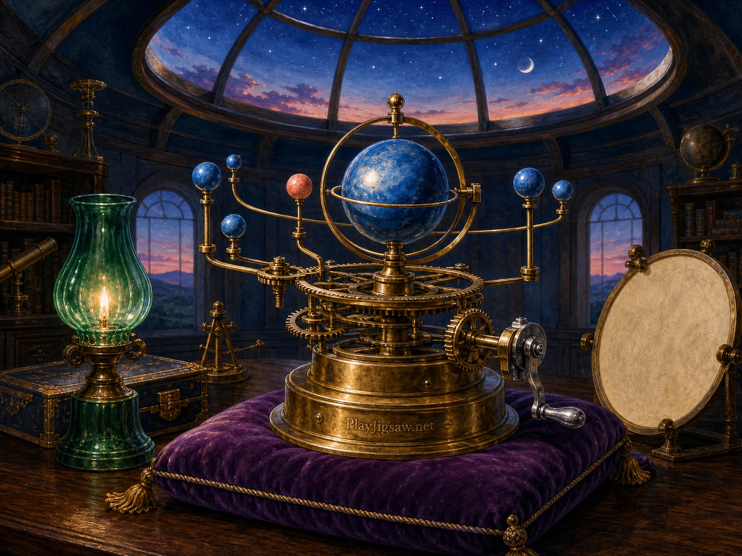 A brass mechanical orrery with cerulean planet spheres in a hilltop observatory room with emerald lamp, violet cushion, round skylight, and dusk sky