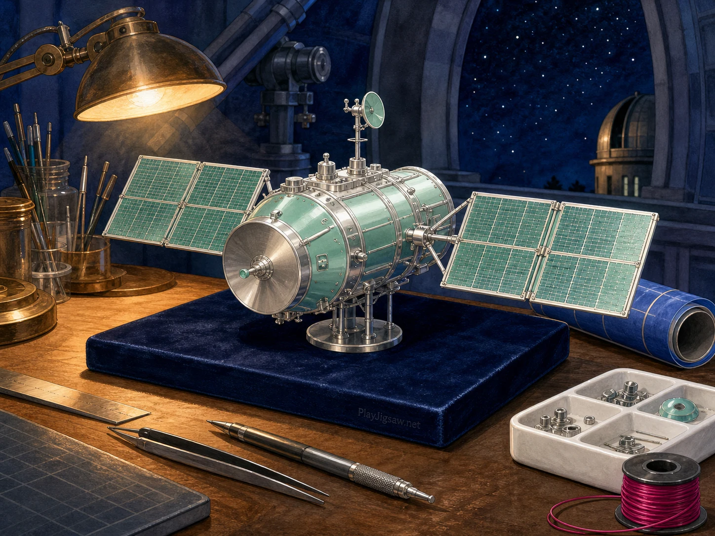 A mint-and-silver satellite model on a midnight-blue velvet pad at an observatory model bench with amber desk lamp, white ceramic parts tray, cobalt blueprint tube, graphite tools, and magenta wire spool