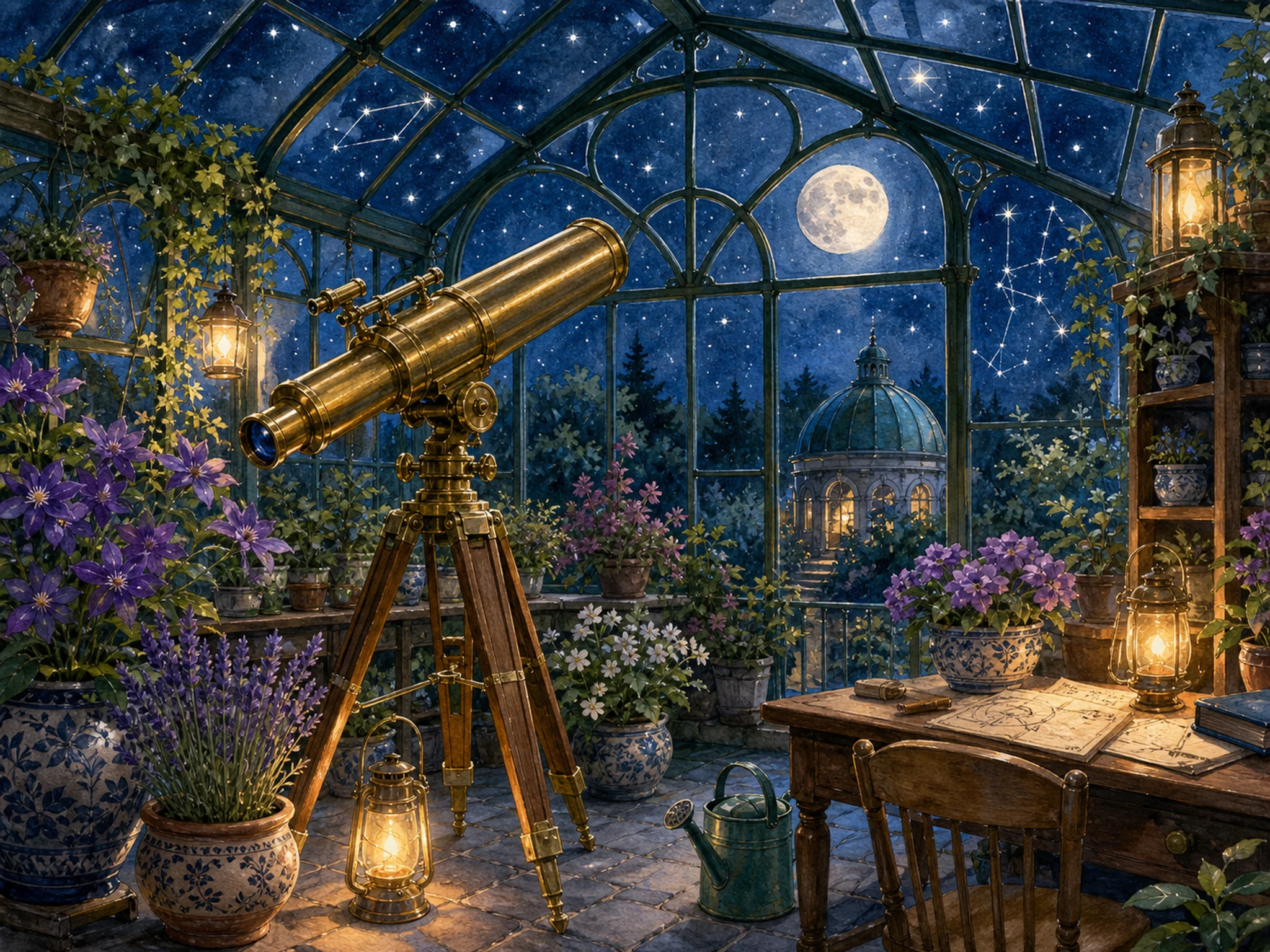 A moonlit greenhouse observatory with a brass telescope, potted flowers, lanterns, starry glass roof, moon, dome, workbench, and watering can