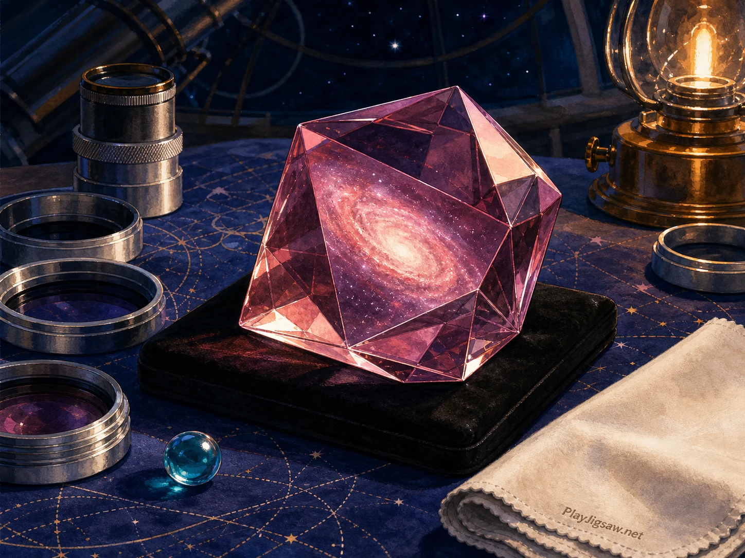 A rose-tinted galaxy prism on an observatory optics desk with midnight-blue star chart cloth, silver lens rings, cyan glass bead, amber lamp reflection, black velvet pad, ivory lens cloth, and violet shadow