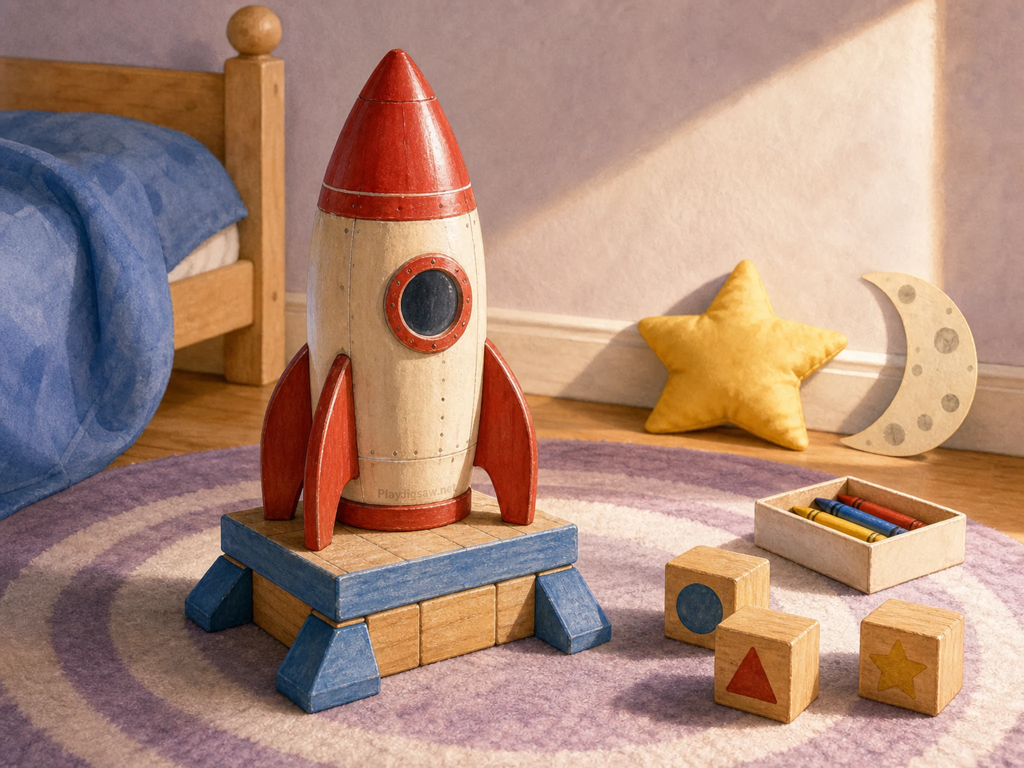 A moonlit bedroom floor with a red toy rocket, blanket, wooden blocks, moon cutout, star cushion, small book, night light, and a tiny stamped in-world maker mark on the rocket base