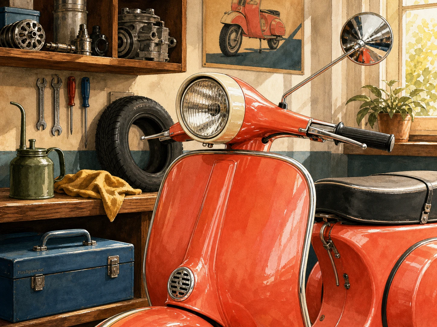 A coral vintage scooter front in a tidy garage corner with cream headlamp rim, chrome mirror, petrol-blue toolbox, olive oil can, mustard rag, black rubber tire, and walnut work shelf