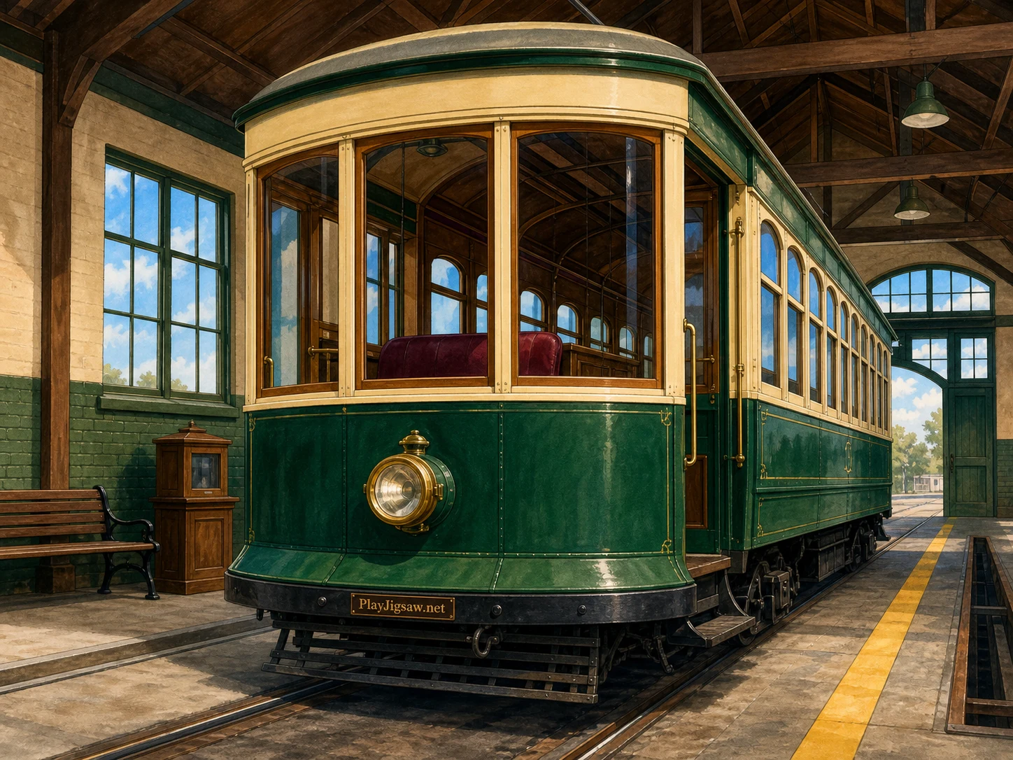 An emerald-and-cream vintage streetcar front inside an old depot with burgundy seat glimpse, brass headlamp, graphite rails, mustard safety stripe, walnut ticket box, and sky-blue window reflections
