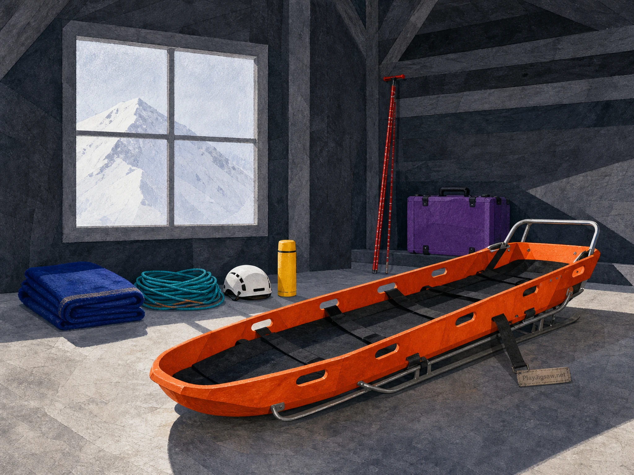 A bright orange alpine rescue sled with cobalt blanket, teal rope, white helmet, yellow thermos, red probe, violet case, snow ridge, and fabric maker label