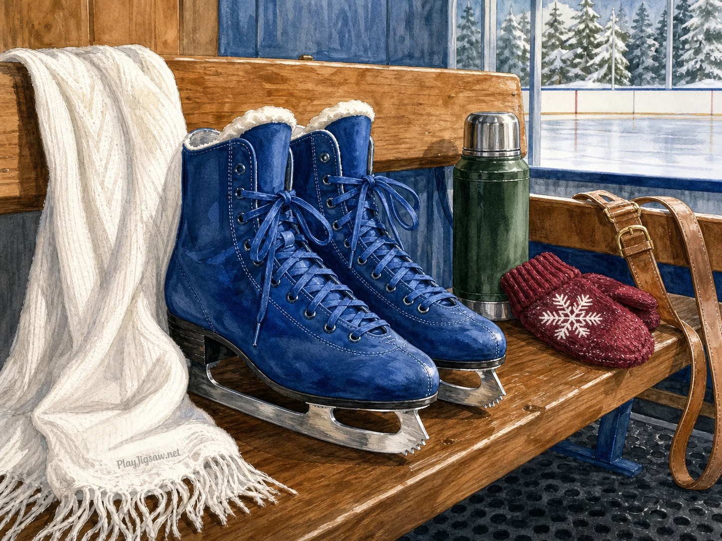 A pair of sapphire-blue ice skates on a winter rink changing bench with silver blades, snow-white scarf, cranberry mitten, pine-green thermos, tan leather strap, warm wooden bench, and charcoal rubber mat