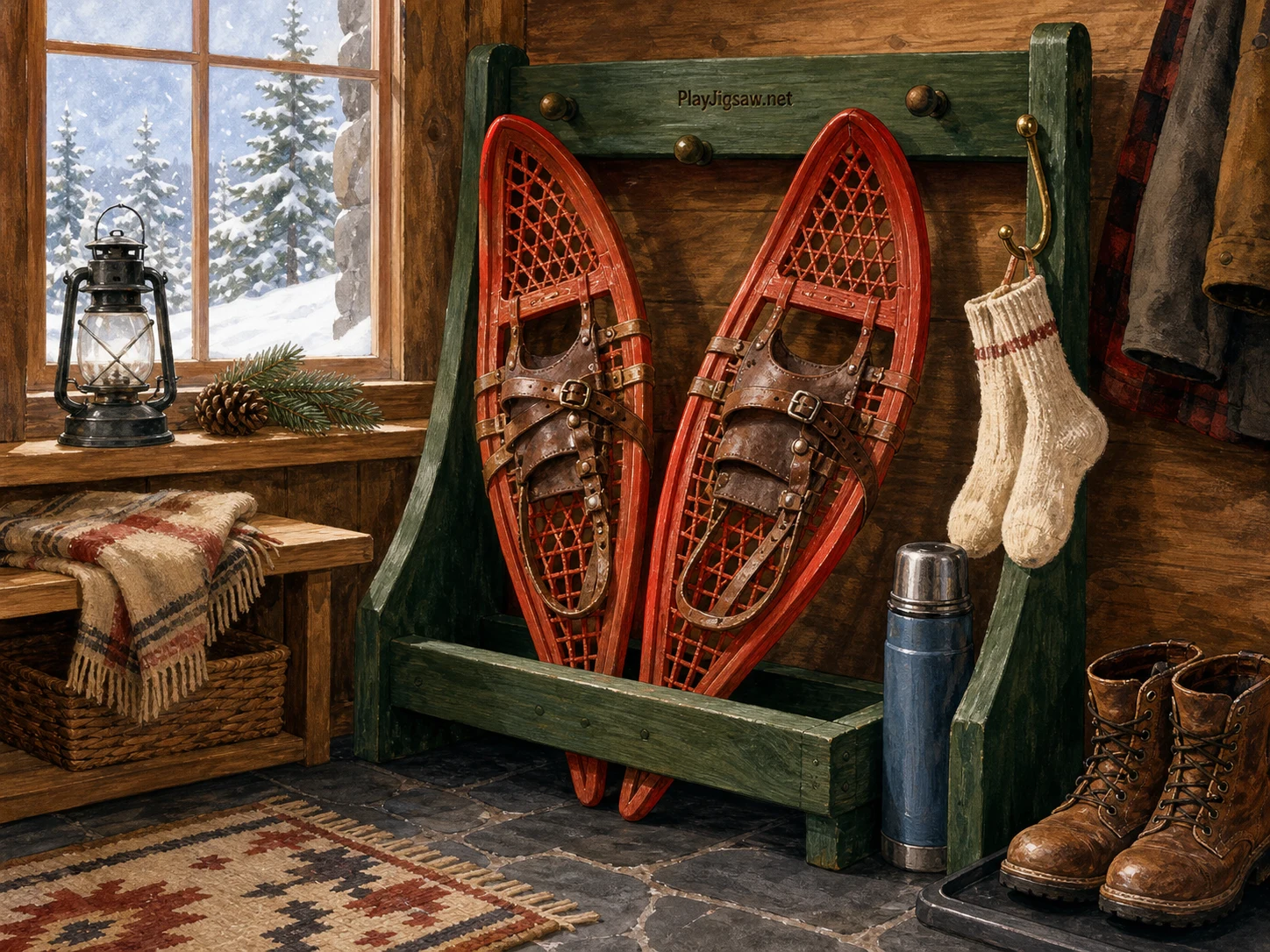 A pair of vermillion wooden snowshoes on a pine-green lodge rack with leather straps, steel-blue thermos, brass boot hook, cream wool socks, charcoal stone floor, and snowy window