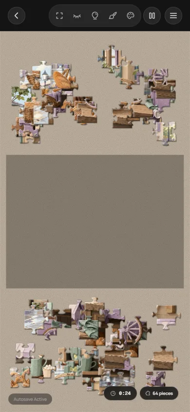Puzzle de PlayJigsaw en el móvil con piezas sueltas alrededor de un marco vacío de 64 piezas