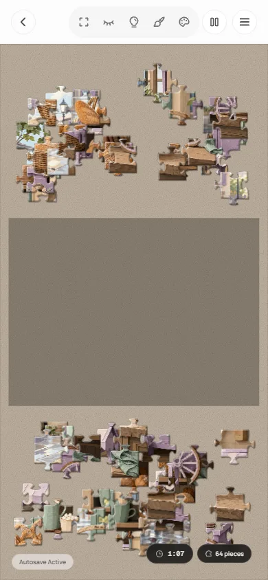 Puzzle de PlayJigsaw en el móvil con piezas sueltas alrededor de un marco vacío de 64 piezas