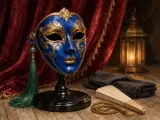 An ornate blue and gold Venetian mask on a stand beside a folded fan, green tassel, and glowing candle lantern.