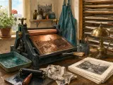 A vintage etching press on a wooden studio bench surrounded by an engraved copper plate, prints, and a brass lamp.