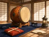 A large wooden taiko drum sits in a sunlit traditional room with drumsticks on a red cushion and a folding fan.