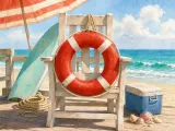 Weathered wooden deck chair with a red lifebuoy, teal surfboard, and blue cooler overlooking the ocean.