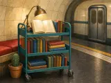 A teal rolling book cart with a glowing brass lamp and potted cactus on a tiled subway platform.