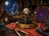 An intricate brass orrery on red velvet in an observatory with a full moon visible through a round window.