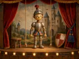 A wooden knight puppet with strings stands on a small theater stage framed by red velvet curtains and a castle backdrop.