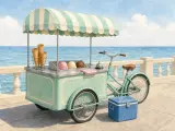 A vintage mint-green ice cream tricycle parked along a stone promenade overlooking the calm sea.