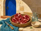 A woven basket filled with cut pomegranates sits on a stone terrace beside a knife, glass jug, and blue doorway.