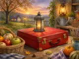 Lantern and Suitcase on the Autumn Porch