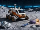 A white and orange planetary rover parked on rocky lunar ground alongside scientific gear and a purple case.