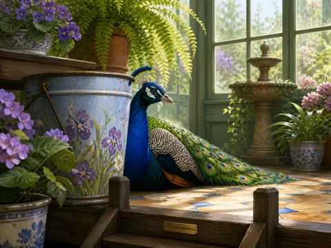 A vibrant peacock rests on a tiled conservatory floor beside potted flowers and a stone fountain.