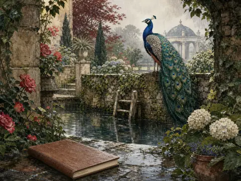 A vibrant peacock sits on a stone wall overlooking a pond in a rainy garden with blooming flowers and an old book.