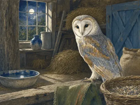 A barn owl perching inside a rustic wooden hayloft with a bright full moon visible through the window.