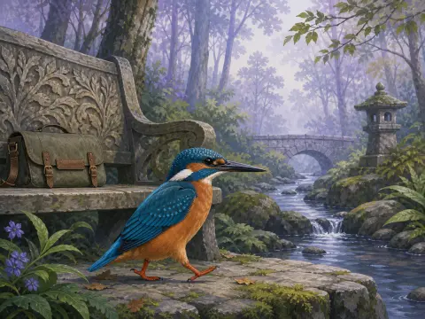A vibrant kingfisher walking on stone steps by an ornate bench and a forest creek with a stone bridge.