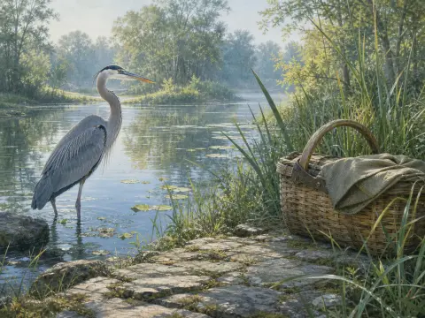 A blue heron stands in shallow water near a stone bank with a woven picnic basket and tall grasses.
