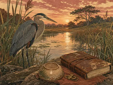 A great blue heron standing by a sunset marsh next to an old leather journal and ceramic bowl on a log.