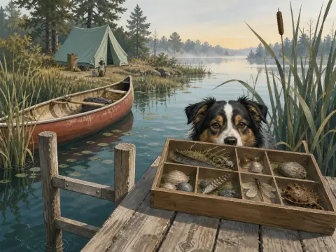 An Australian Shepherd peeks over a wooden dock holding a collection box, beside a red canoe on a quiet lake.