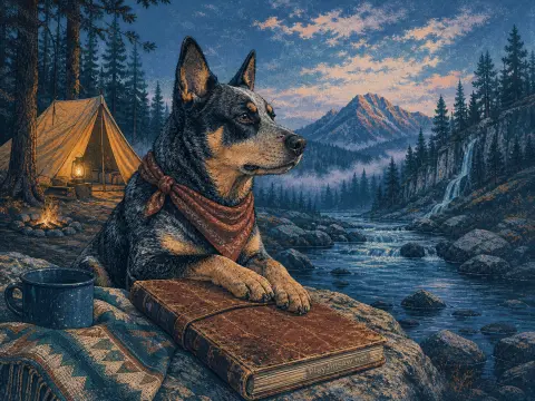 An Australian cattle dog wearing a bandana rests near a campsite and river facing distant mountains.