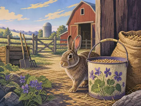 A brown rabbit stands near a floral feed bucket outside a red barn in the countryside.