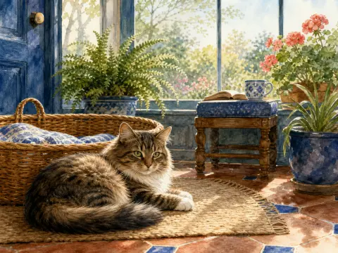A fluffy long-haired tabby cat lying on a woven rug in a sunny garden room filled with potted plants.