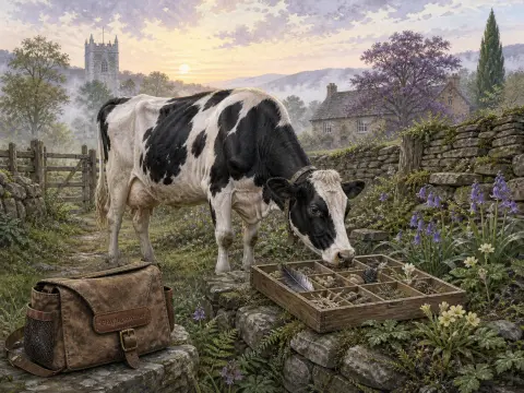 A black-and-white cow sniffs a wooden tray on a rustic stone wall overlooking a misty English village.