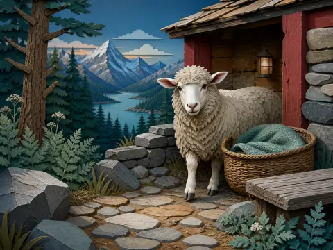 A woolly sheep stands outside a rustic wooden barn overlooking pine forests, an alpine lake, and snowy mountains.