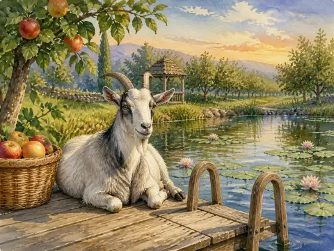 A goat rests on a wooden dock next to a basket of apples beside a pond with water lilies.