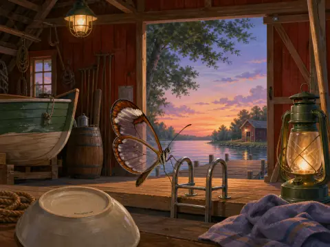 A glasswing butterfly perches inside a rustic boathouse overlooking a calm lake at sunset with a glowing lantern.