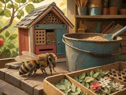 A detailed bee stands on a wooden potting bench near a miniature insect hotel and a rustic teal bucket.