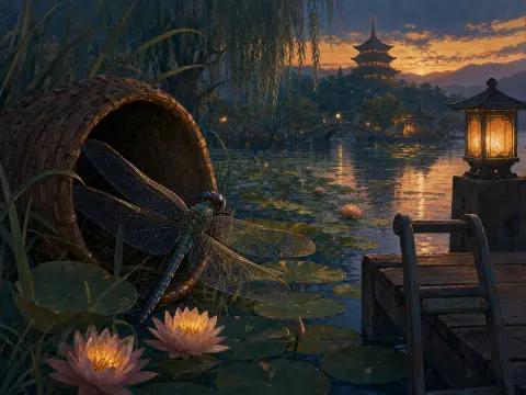 A large dragonfly rests near water lilies on a lake, with a glowing lantern and distant pagoda at sunset.