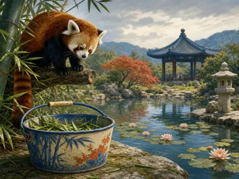 A red panda perched on a branch above a bucket of leaves overlooking a pond with water lilies and a garden pagoda.